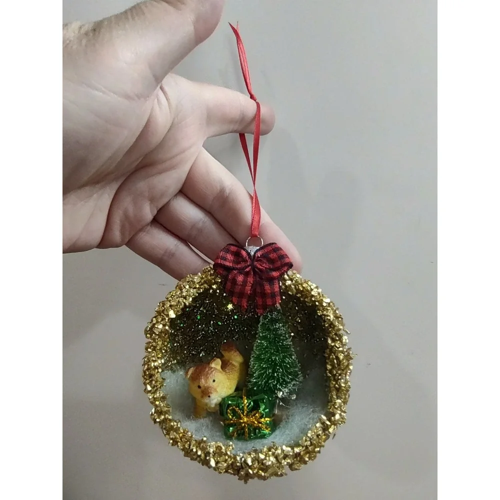 Dog Christmas Ornament Handmade Vtg Style OOAK Shatterproof Puppy Diorama O9
